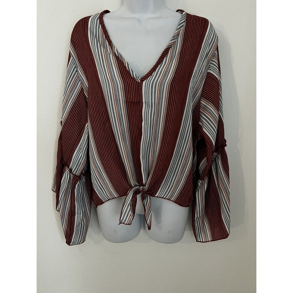 Lavender Field Blouse Large Stripe Multicolor Giant Bell Sleeve V Neck Boho New